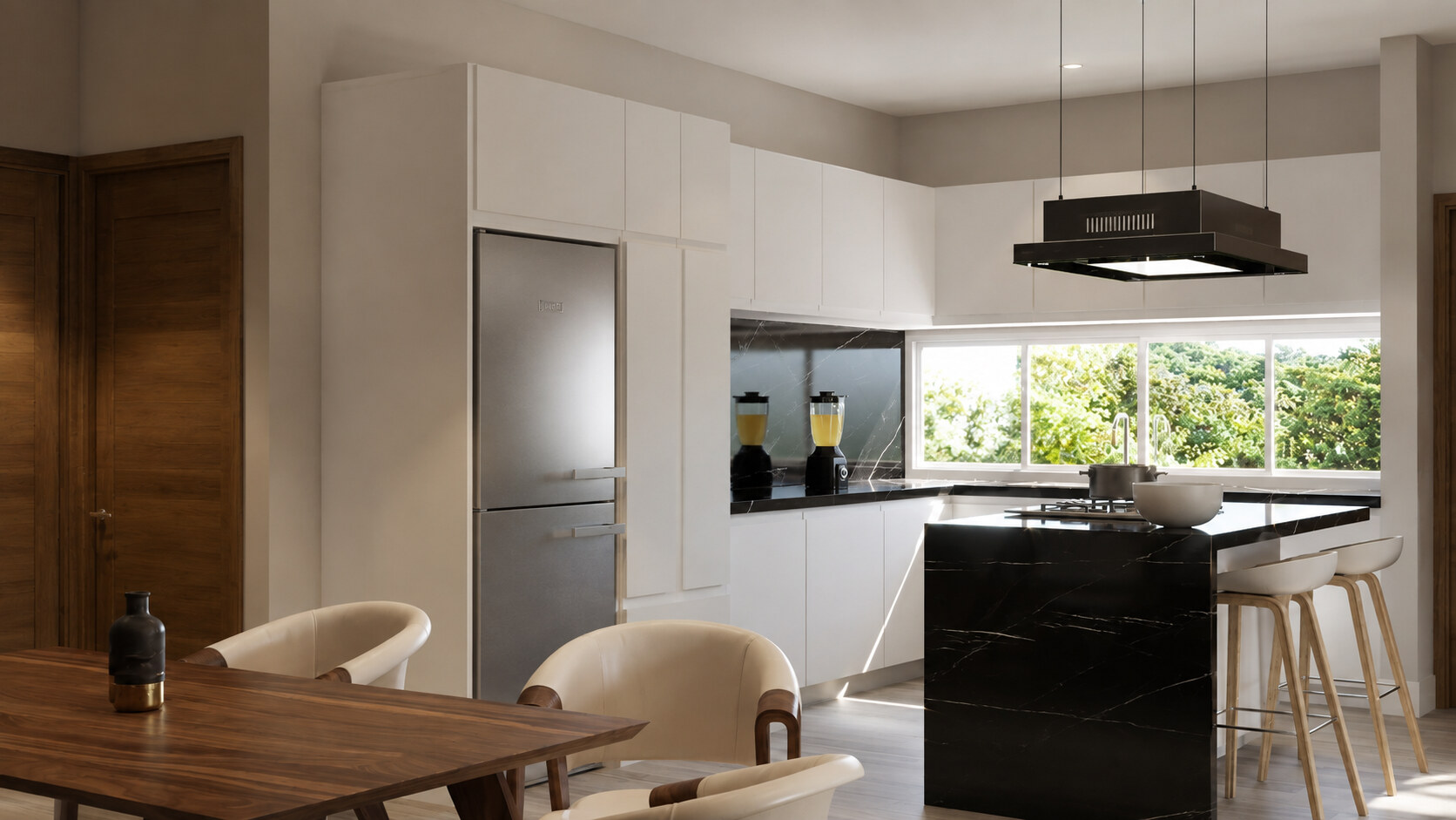 Cocina con isla y barra de desayuno