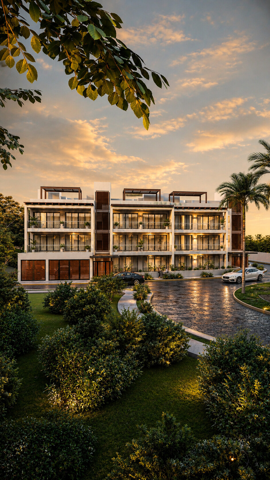 Fachada de MAREA CONDOS al atardecer