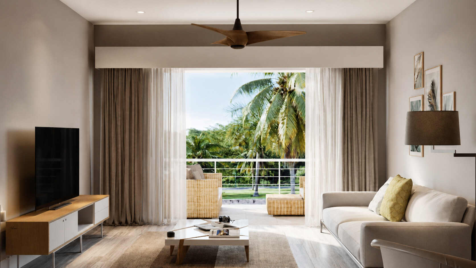 Sala con terraza y vista al jardín