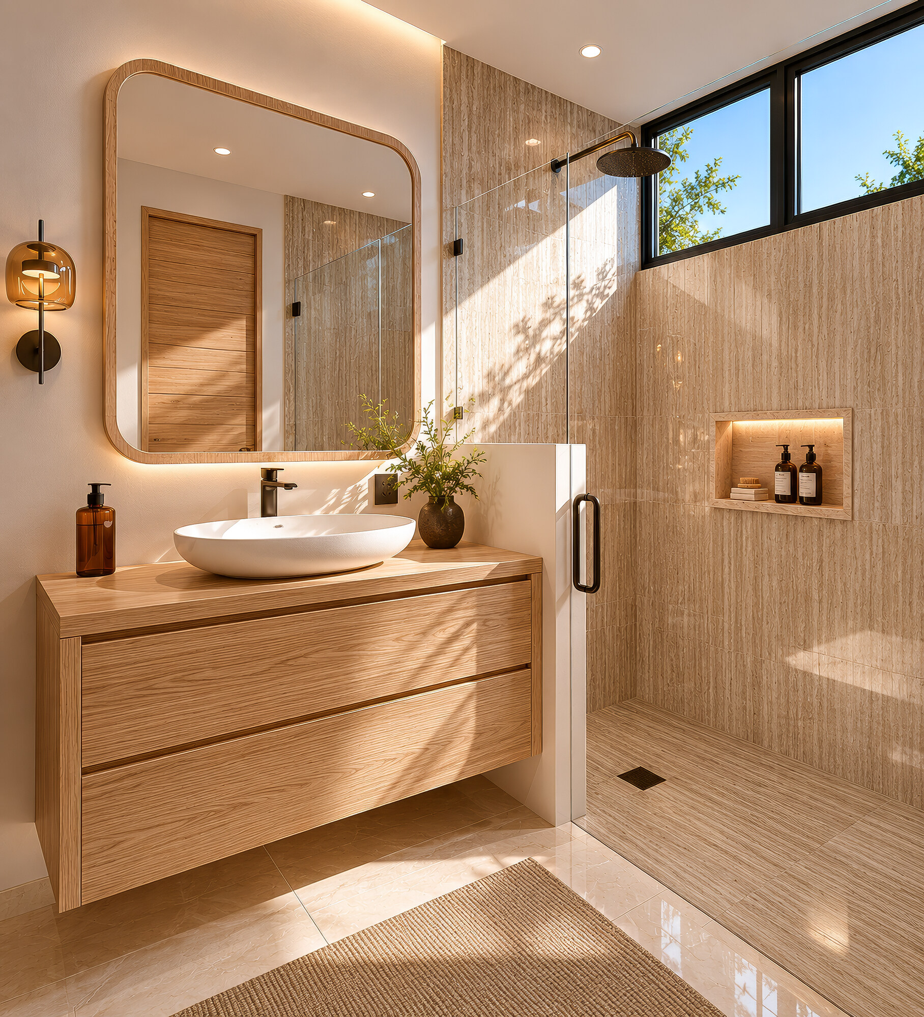 Baño con regadera y acabados en madera