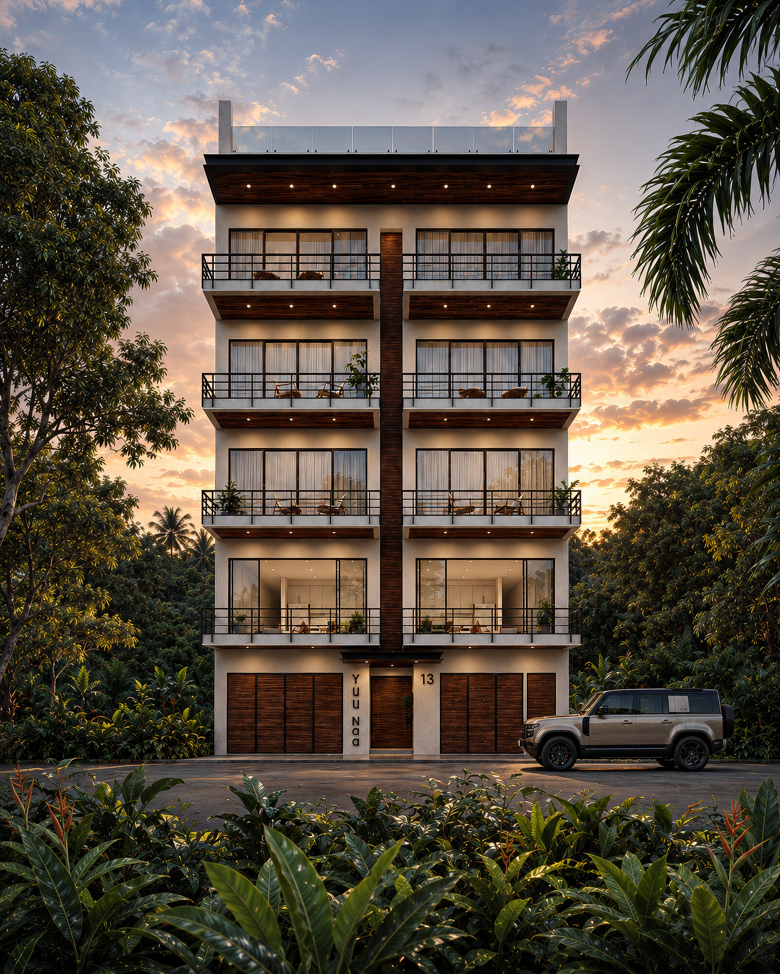 Fachada de YUU NAA al atardecer
