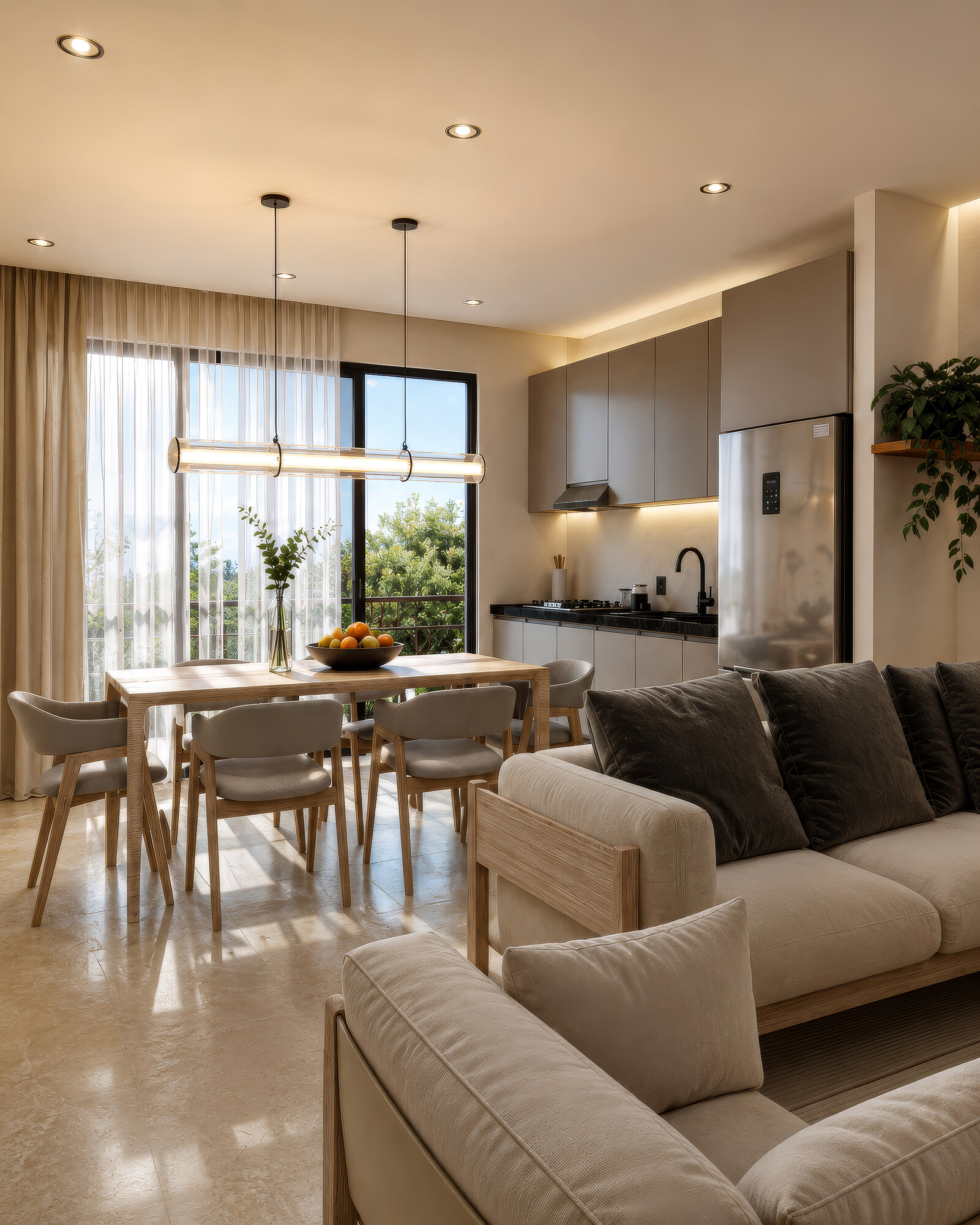 Sala, comedor y cocina integrados