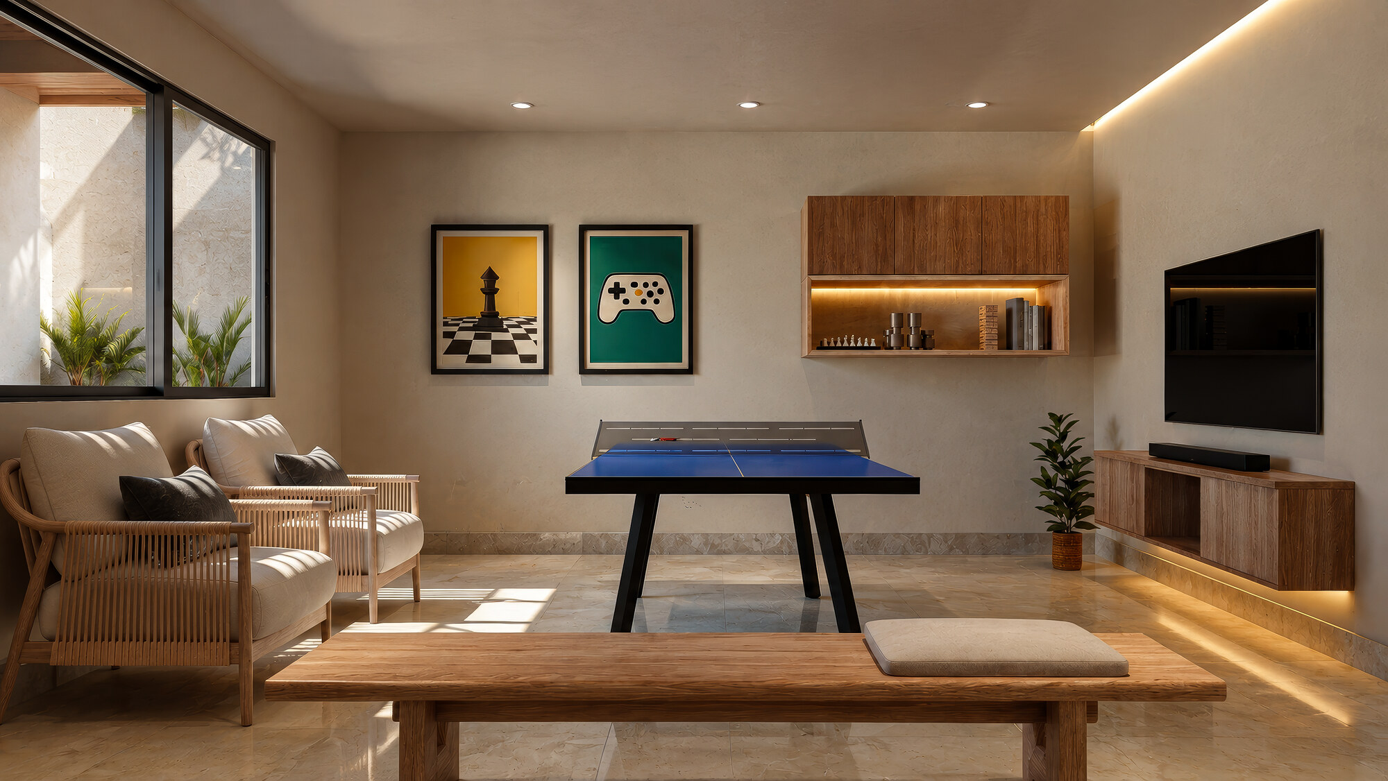 Sala de juegos con mesa de ping pong